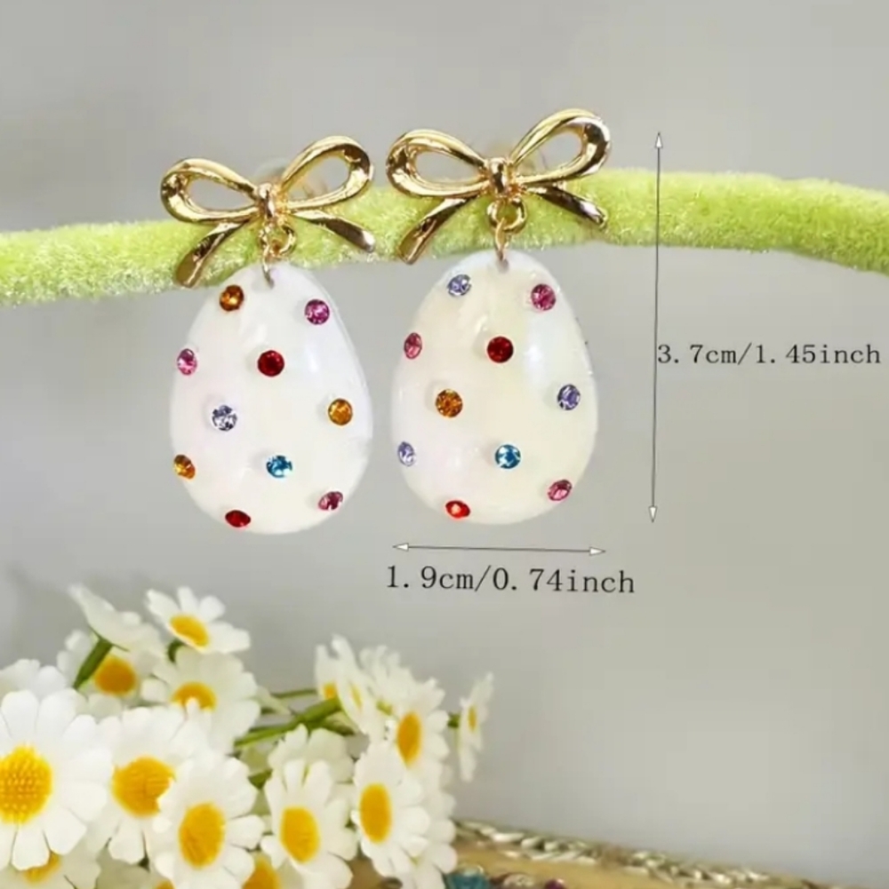 🆕️ Easter Shimmery Gold Bow and Gemstone Egg Earrings Large  NWOT - Picture 4 of 8